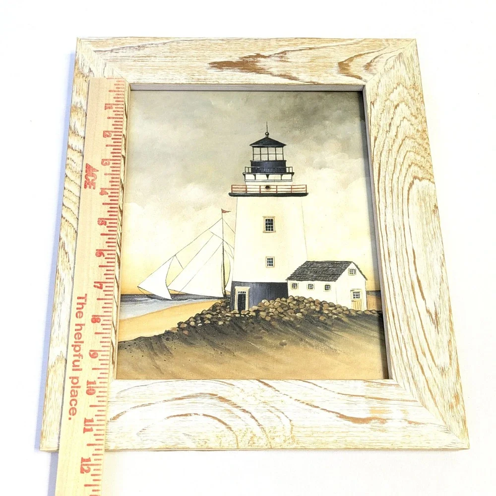 Coastal Lighthouse Framed Wall Art Print Nautical Sailboat Wood Frame